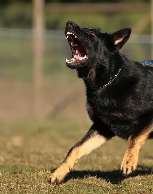 Black dog barking aggressively during a controlled dog behavior training session.
