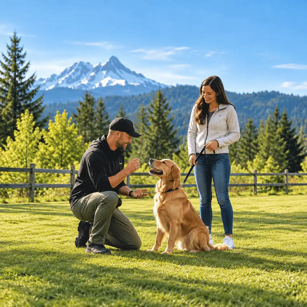 Dog trainer working with a golden retriever while a dog owner considers choosing the right trainer.
