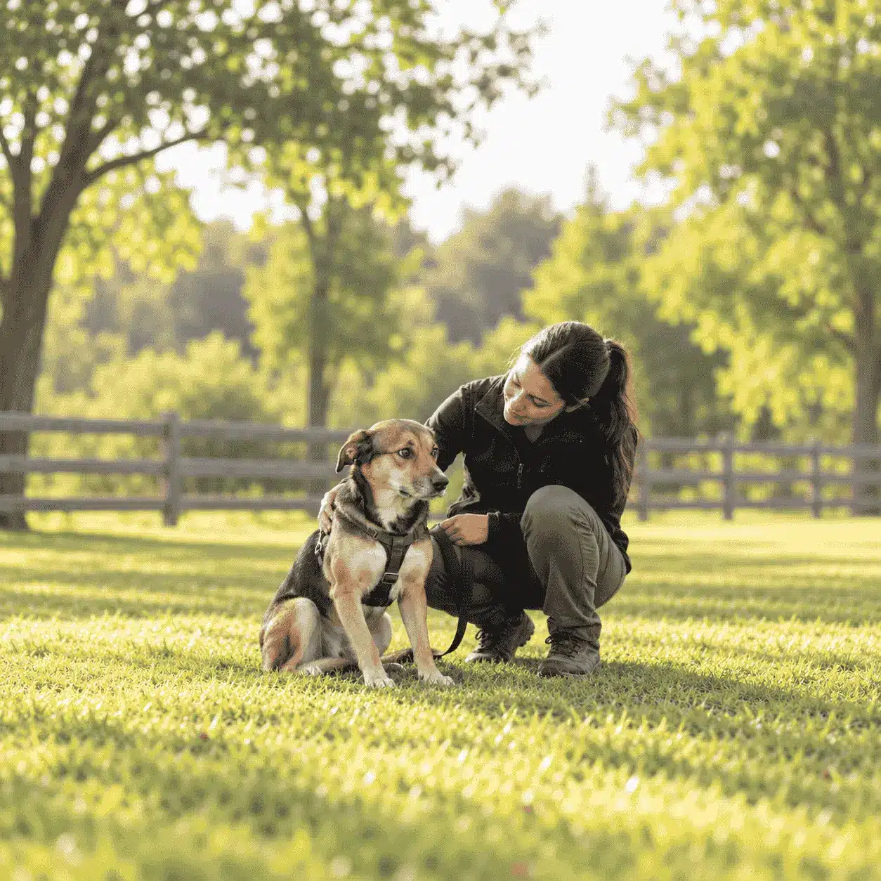 A dog trainer gently comforting an anxious dog in a peaceful outdoor park to help build confidence and reduce fear.