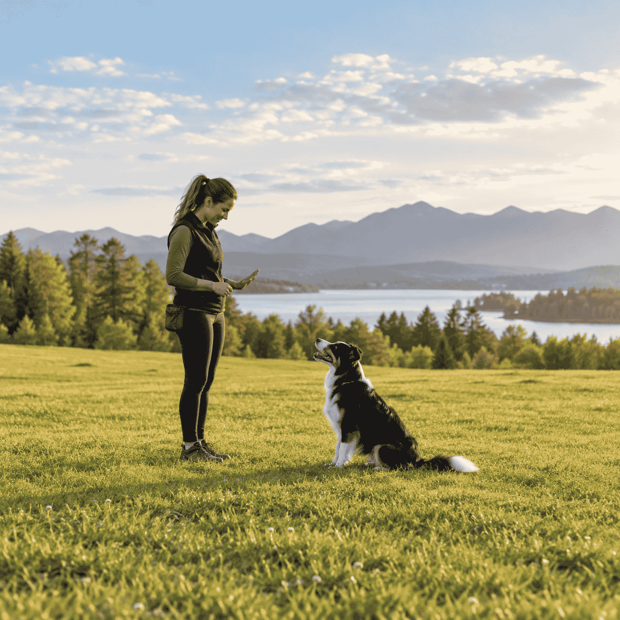 Dog trainer using hand signals to teach a Border Collie through balanced dog training and dog psychology.