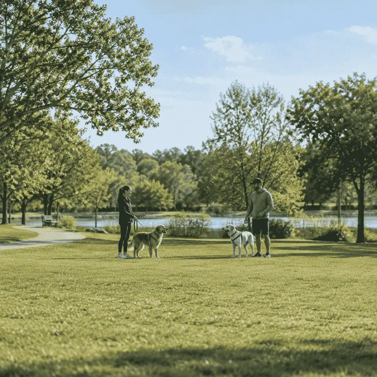 Two dog owners safely introducing their leashed dogs to each other at a distance in an outdoor park. introduce your dog, dog socialization, safe dog introductions, dog behavior training, puppy socialization