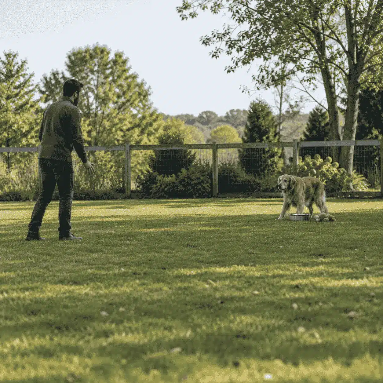 Dog owner approaching a golden retriever guarding a food bowl in a backyard during a resource guarding training scenario.