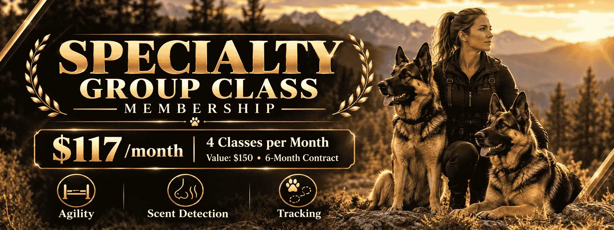 Specialty Group Class Membership at Ultimate K9 featuring a professional dog trainer with two German Shepherds, offering agility, scent detection, and tracking classes.