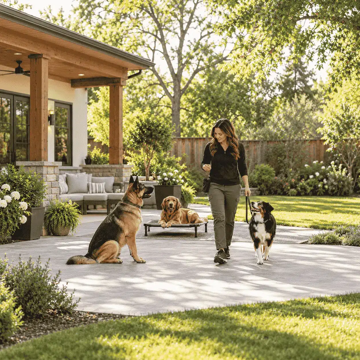 Professional dog trainer working with three dogs in a backyard, showing structured training for multiple dogs in one home. Training Multiple Dogs