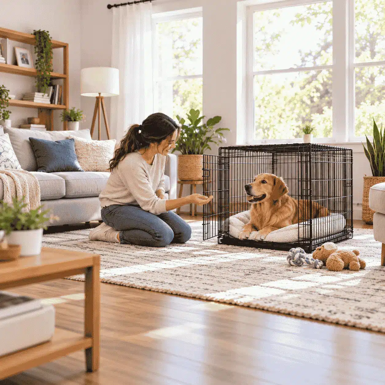 Woman calmly crate training a golden retriever in a bright living room with the dog resting inside an open wire crate.