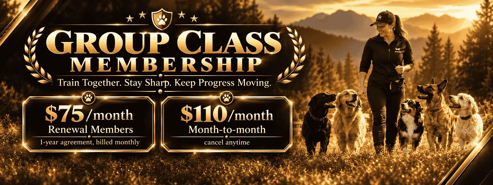 Group Class Membership dog training with a professional trainer and five dogs, featuring $75/month renewal and $110/month flexible membership options.