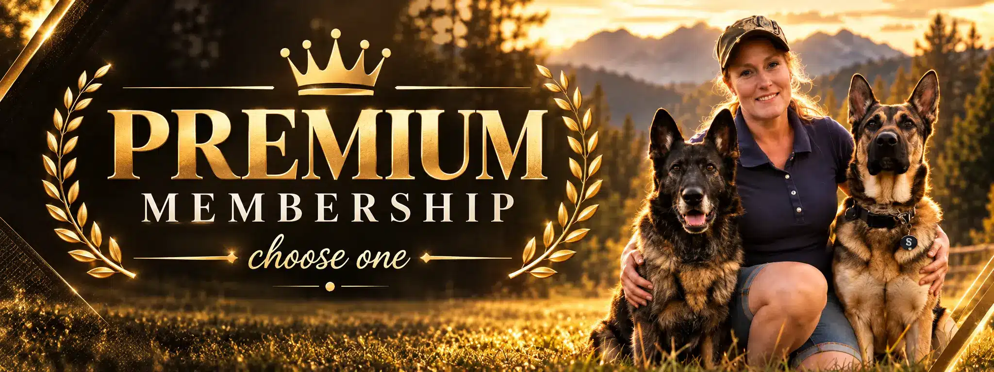 Premium Membership banner featuring a professional dog trainer with two German Shepherds, elegant gold typography, a crown, and a luxury black-and-gold design.