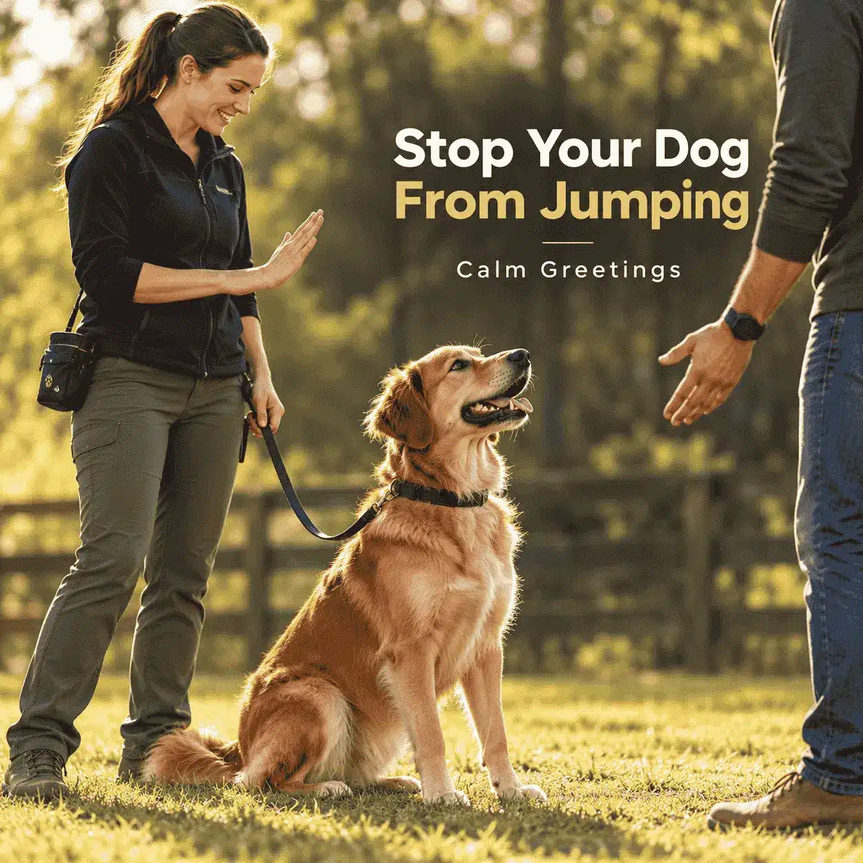 Dog trainer teaching a Golden Retriever to sit calmly instead of jumping on people during an outdoor dog training session. dog jumping